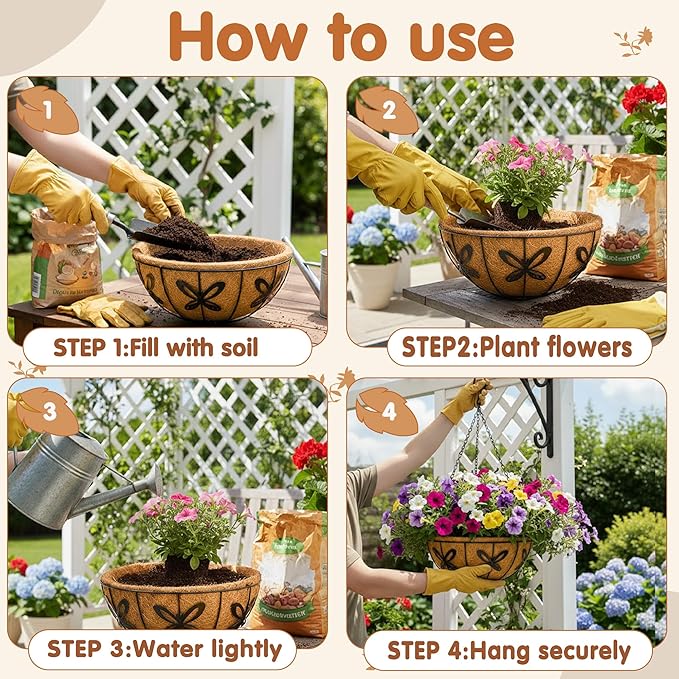 Metal 10 inch Round Planter, 4 Pack Hanging Wire Basket with Coco Fiber Liners for Outdoor Plants, Garden, Patio, Deck, Porch JFFLYIT