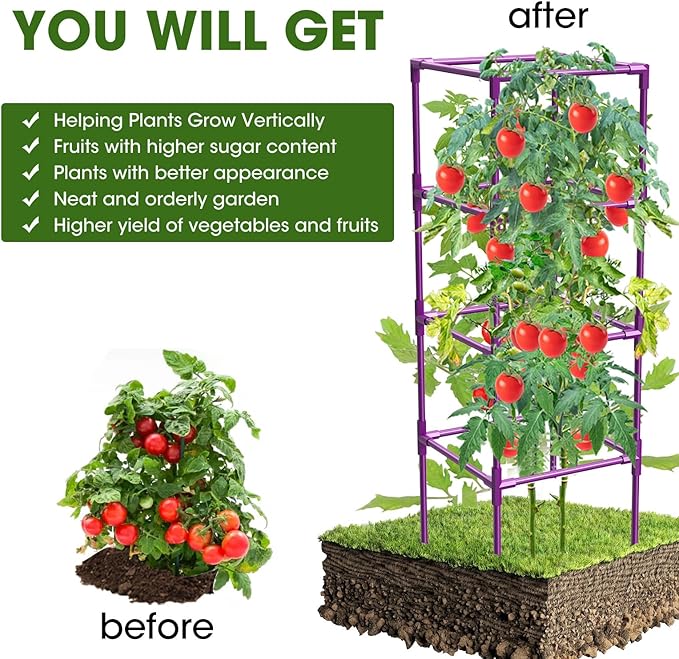 3 Pack Tomato Cages, Square Tomato Plant Stakes Support Cages Trellis for Garden Climbing Vegetables Flowers Fruits,Extra Bold,Purple MQHUAYU
