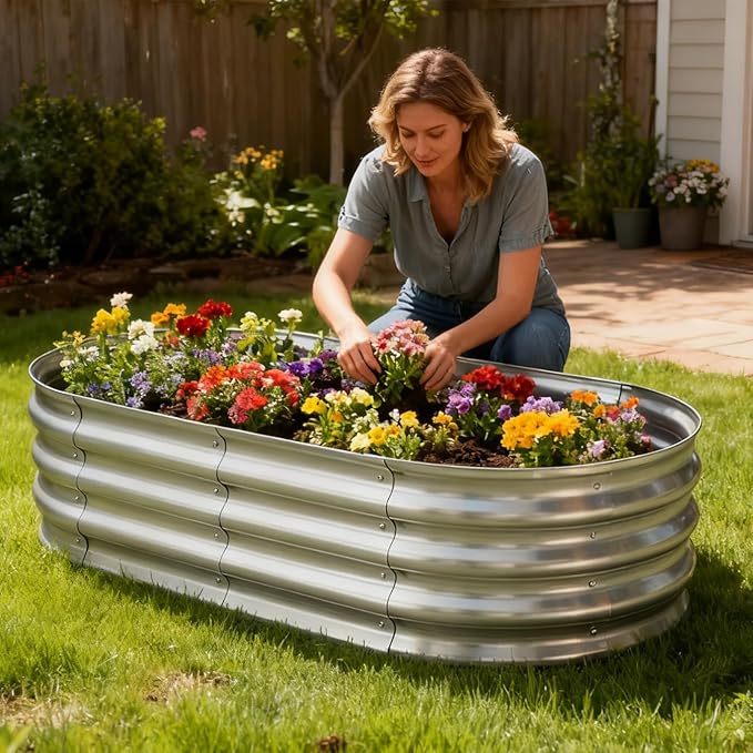 TATAANTY Galvanized Raised Garden Bed Kit, Rust-Resistant Planter Garden Boxes Outdoor, Oval Large Metal Raised Garden Beds for Vegetables Easy to Set Up - 4x2x1ft (2 Pack) TATAANTY