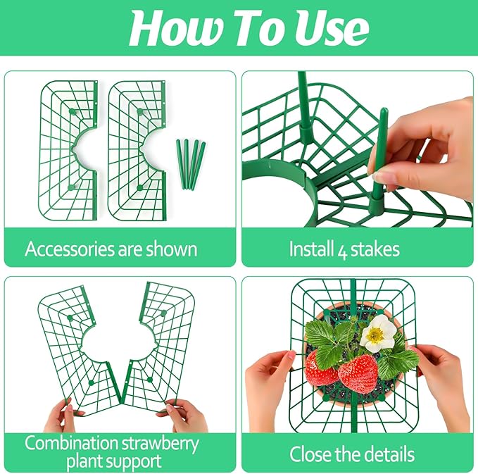 6 Sets Strawberry Plant Support with Mesh Cover - Square Gardening Frame, Animal Barrier, Iron Stakes & Storage Bag for Healthy Strawberries, Tomatoes, Veggies (Green) (6 pcs) NODMIPNS