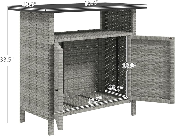 Outsunny Wicker Outdoor Storage Cabinet, Rattan Outdoor Bar Table with 2 Doors and Shelf, Outdoor Buffet Cabinet Sideboard with Metal Slatted Countertop for Poolside, Patio, Backyard, Gray Outsunny