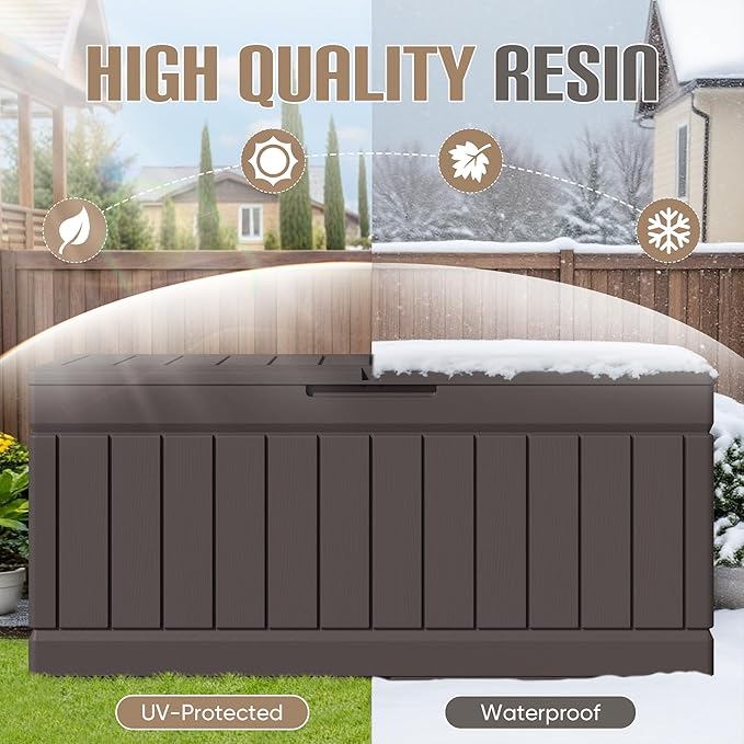 JUMMICO 78 Gallon Outdoor Deck Box Large Resin Storage Box for Patio Furniture Cushions and Garden Tools (Brown) JUMMICO