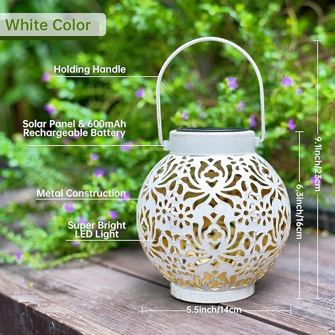 2 Pack Outdoor Solar Hanging Lantern Lights Metal LED Decorative Lamp for Garden Patio Courtyard Lawn and Table with Hollowed-Out Design (White) ExcMark