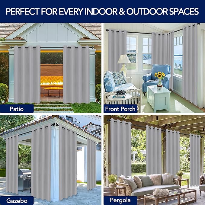 PureFit Outdoor Curtains for Patio Waterproof Weatherproof, UV Resistant Outside Curtains for Gazebo, Front Porch, Pergola, Sun Blocking Privacy Curtain, 52W x 108L inch, 1 Panel, Light Gray PureFit