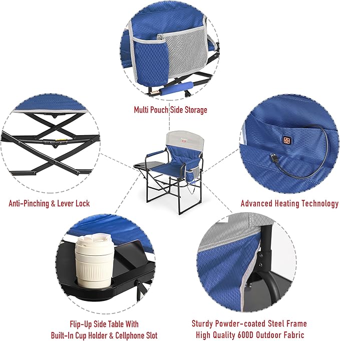 SUNNYFEEL Heated Camping Directors Chair, Heavy Duty,Oversized Outdoor Portable Heating Folding Chair with Side Table, Pocket for Beach, Fishing,Trip,Picnic,Lawn,Concert Foldable Camp Chairs SunnyFeelCamping