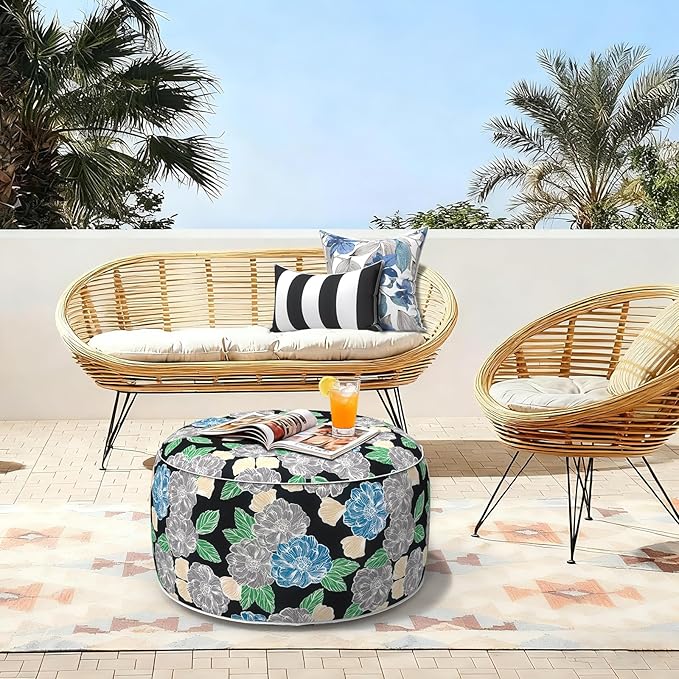 LVTXIII Outdoor Inflatable Ottoman, Fade-Resistant Round Footrest Stool D31”x H14”, Portable Patio Pouf for Garden Camping or Home Use, Peony Garden LVTXIII