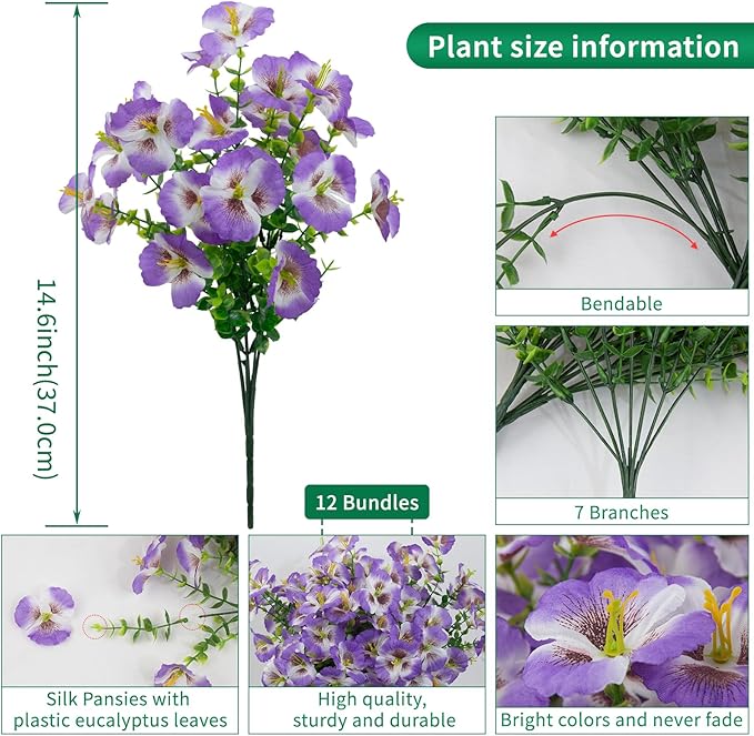 12 Bundles Artificial Pansy Flowers for Outdoor, Faux Silk Pansies Spring Flowers Outside for Planter Front Door Porch Patio Yard Window Box Home Decor (White Purple) Griine