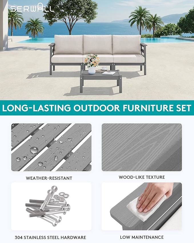 SERWALL HDPE Patio Furniture Set, 4 Pieces Outdoor Sectional Sofa Set, All-Weather Wood-Like Outdoor Sofa Couch with Coffee Table for Deck, Lawn, Grey Frame with Khaki Cushion SERWALL
