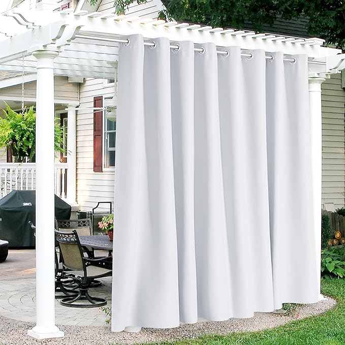 RYB HOME Extra Wide Outdoor Curtains for Patio Waterproof Heavy Duty Thermal Insulated in Summer Full Coverage Privacy for Porch, Cabana & Pool, W120 x L95, Greyish White, 1 Panel RYBHOME