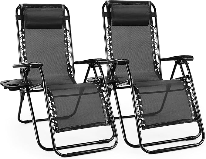 Sweetcrispy Zero Gravity Chairs, Set of 2 Portable Recliner Beach Camping Patio Outdoor Folding Lounge Chair with Cup Holder Trays and Adjustable Pillow for Poolside, Garden, Backyard, Lawn (Black) Sweetcrispy