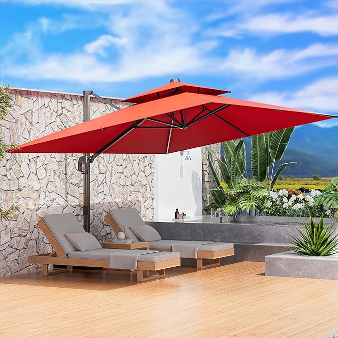 9' X 12' Cantilever Outdoor Patio Umbrellas Double Top Large Rectangle Umbrella Heavy Duty 360°Rotation Offset Umbrella for Garden Deck Pool Patio,Red ORYNTREX