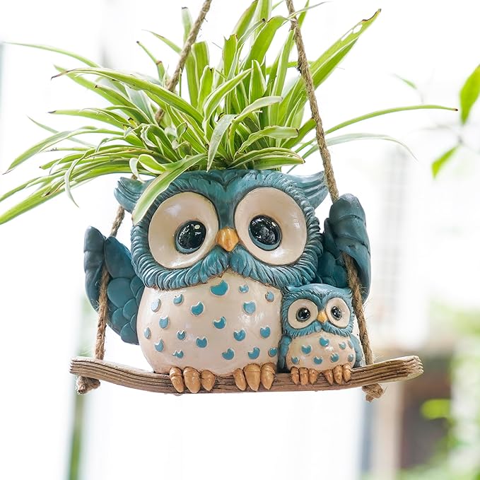 Swing Owl Hanging Planters for Indoor Plants, Cute Small Succulent Pots with Drainage Hole, Unique Resin Plant Hangers Outdoor, Hanging Plant Holder for String Of Pearls, Gift Ideas for Mother Saysmile