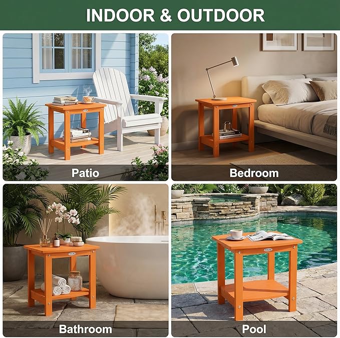 Y&M Outdoor Side Table, HIPS Adirondack Small Double Layer Table, Waterproof Square Outside Table, Balcony End Tables for Patio, Pool, Porch, Deck, Indoor or Outdoor Use, Orange YM