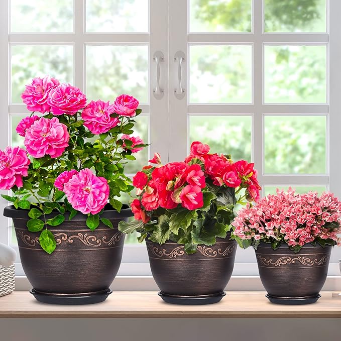 Plastic-Plant-Flower-Planters-10 Inch With Drainage Hole & Saucer, 3 Packs Lightweight Small Resin Flower Pot Indoor Outdoor, Retro Antique Imitation Decorative Garden Containers Sets For Houseplants Pottiffe