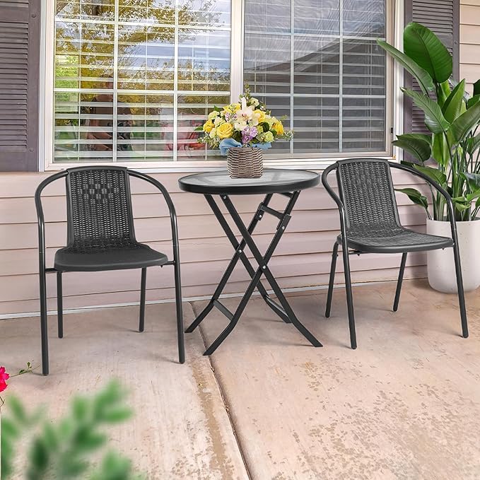 VINGLI PE Rattan Outdoor Dining Chairs Set of 2, Plastic Stackable Patio Chairs for Indoor, Porch, Restaurant, Garden, Black VINGLI