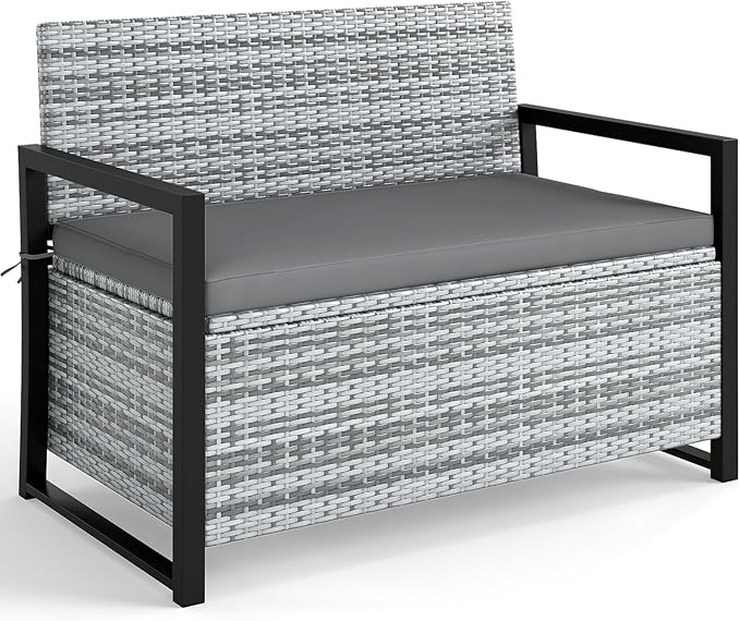 Tangkula 40 Gallon Outdoor Bench with Storage, Patio Wicker Storage Bench with Cushion, Cover, Metal Frame, Deck Box Seat for Backyard, Poolside, Balcony, Garden TANGKULA