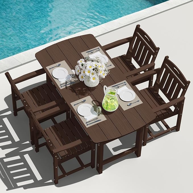 5-Piece Outdoor Dining Furniture Set with Chairs, All-Weather HDPE Patio Table and 4 Chairs, Umbrella Hole, for Garden Backyard or Deck - Brown Suunyn