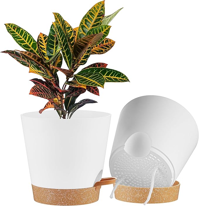 FaithLand 2-Pack 9 Inch Planter Pots for Indoor Outdoor Plants, Self Watering Flower Pots with Deep Reservoir, White with Terracotta … FaithLand
