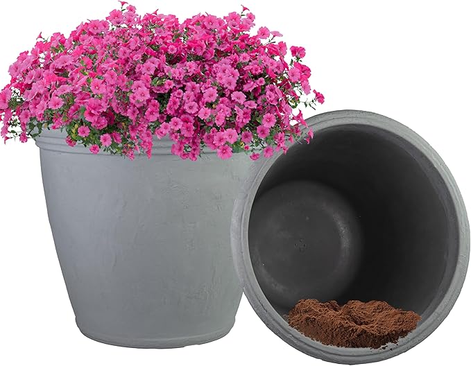 Sunnydaze 20-Inch Anjelica Large Plastic Pot for Plants - Outdoor Double-Walled Large Plastic Planter with Drillable Drainage Holes - Light Gray - 2pk SunnydazeDecor