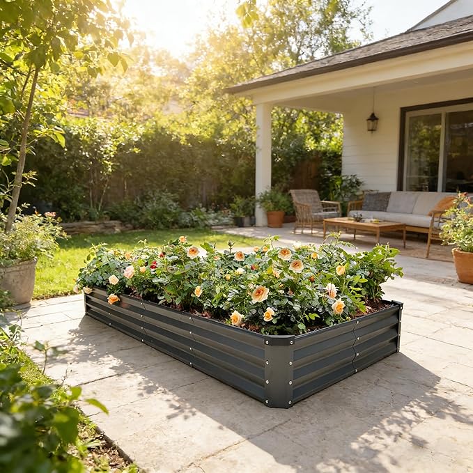 GARDMAX 8x4x1FT Galvanized Raised Garden Bed Kit, Metal Planter Boxes Outdoor with Easy Assembly, Large Garden Bed for Vegetables, Fruits, Flower, Herbs Rectangle Dark Gray ChooseGardmaxforbetterlife