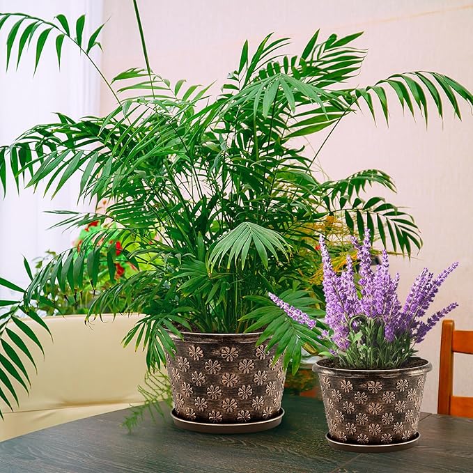 12 Inch Planter Pots for Plants, Plastic Large Flower Pots Indoor Outdoor, 4 Pack Resin Plant Pot with Drainage & Saucer, Retro Decorative Garden Pot with Removable Trays for House FlowyypoPlantPot
