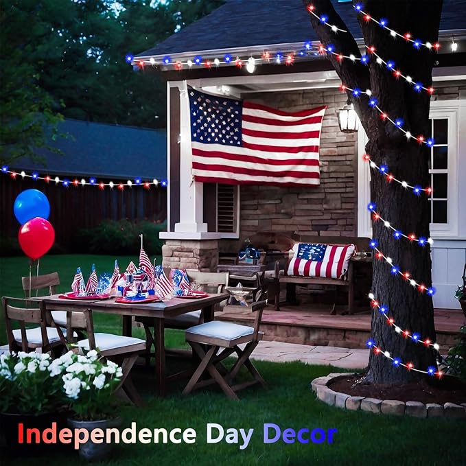 4th of July Decorations Red White and Blue Lights, 200 LED 66FT String Light Plug-in, 8 Modes 4th of July Lights for Indoor Outdoor Independence Day Memorial Day American Flag Patriotic Holiday Decor SANJICHA