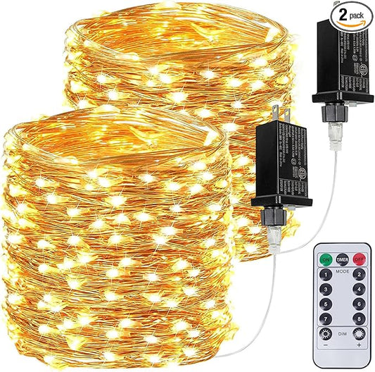 2Pack Each 66Ft 200LED Christmas Fairy Lights Plug in with Remote, Waterproof Twinkle Lights Outdoor Indoor, String Lights 8 Modes with Timer for Girl's Room Garden Christmas Decorations (Warm White) BHCLIGHT