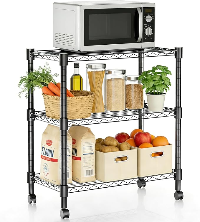 Xcity Storage Shelves, 3 Tier Heavy Duty Metal Shelving Unit with Wheels, 1050 LBS Capacity Adjustable Steel Wire Shelf Organizer for Pantry, Kitchen, Garage, 14" D x 24" W x 30" H, Black Rootora