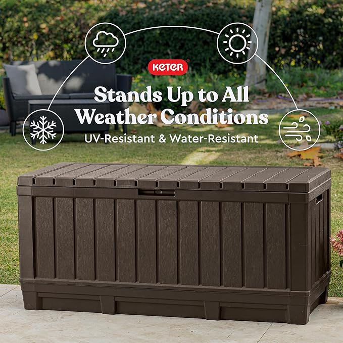 Keter Kentwood 92 Gallon Resin Deck Box-Organization and Storage for Patio Furniture Outdoor Cushions, Throw Pillows, Garden Tools and Pool Floats, Brown Keter