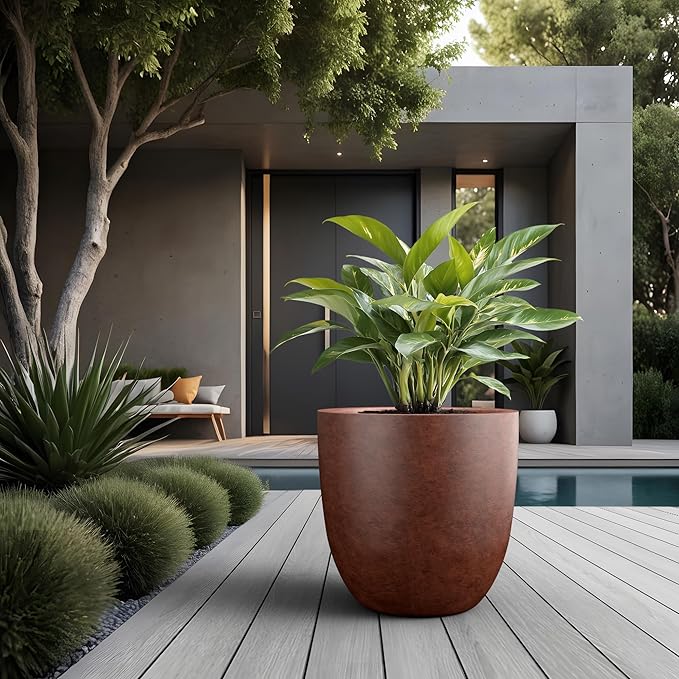 Kante 18 Inch Dia Round Concrete Planter, Indoor Outdoor Large Plant Pot with Drainage Hole and Rubber Plug for Home Patio Garden, Rusty Kante