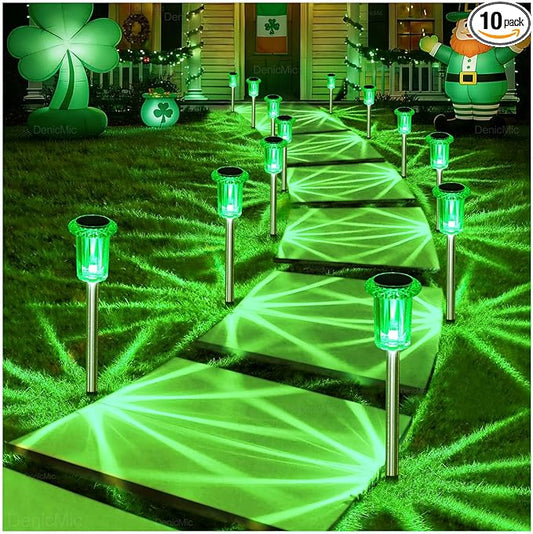 DenicMic St Patricks Day Decorations Solar Lights Outdoor 10 Pack Waterproof Green LED Stainless Steel Stake Outside Lights for Yard Pathway Garden Driveway Walkway Landscape Path Lighting Denicmic