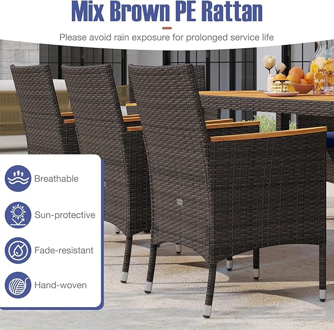 Tangkula 9 Pieces Rattan Outdoor Dining Set for 8, Outdoor Acacia Wood Table Set with 8 Cushioned Wicker Chairs, Umbrella Hole, Patio Dining Furniture Set for Deck Pool Backyard TANGKULA