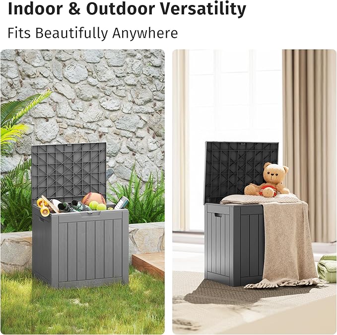 EAST OAK Outdoor Storage Box, 31 Gallon Deck Box Indoor and Outdoor Use, Waterproof Resin Storage Bin for Package Delivery, Patio Cushions, Gardening Tools, Lockable, UV Resistant, Grey EASTOAK