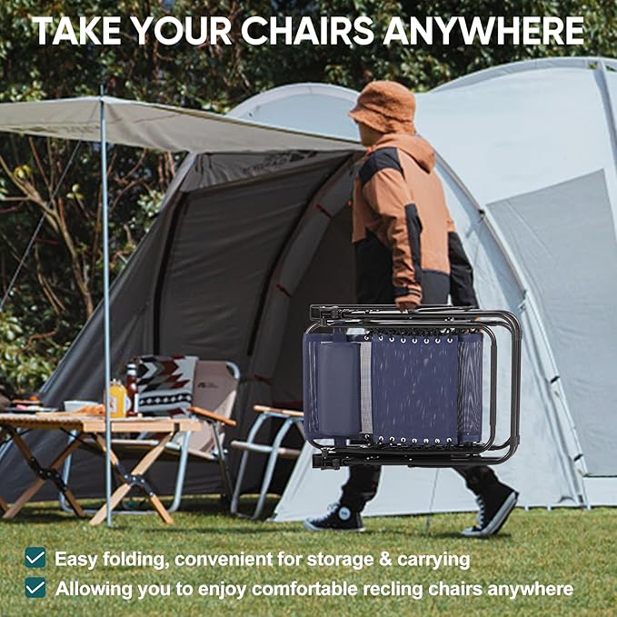 NEWBULIG Zero Gravity Chair Set of 4, Lounge Chair Folding Portable Adjustable Camping Reclining Chairs with Adjustable Pollow, Mesh Back, Cup Holder Trays Lawn Patio Chair for Pool Beach - Blue NEWBULIG