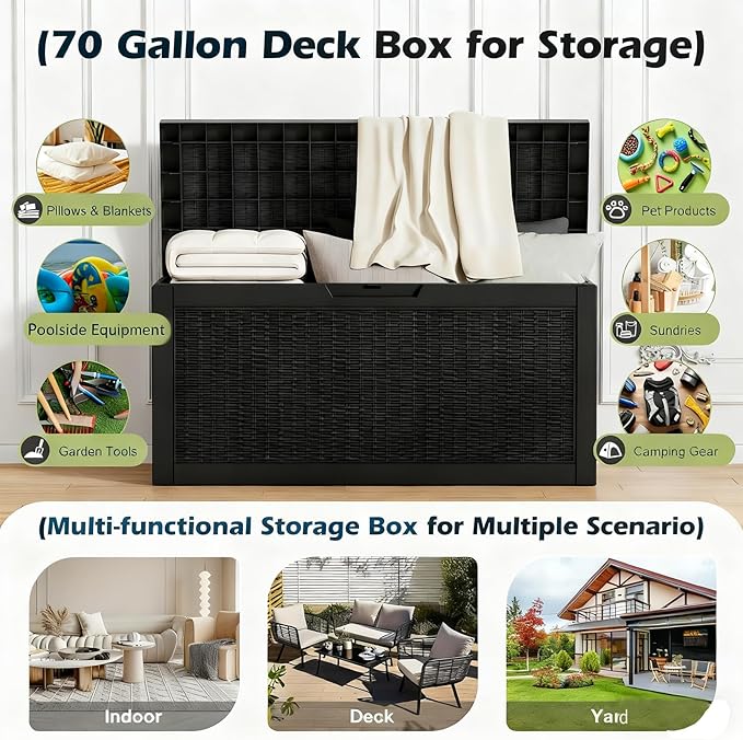 Outdoor Storage Box, Resin Deck Boxes Indoor and outdoor, Waterproof Storage Box Lockable Lid (Black, 70 Gallon) NBYSGO