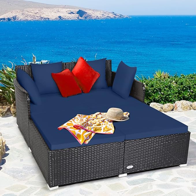 RELAX4LIFE Rattan Patio Outdoor Daybed, Wicker 2-Person Sunbed Loveseat with Soft Cushions, 4 Pillows, Curved Backrest & Armrest, Double Bed Lounger Sofa Set for Balcony Porch, Patio Bed (Navy) RELAX4LIFE