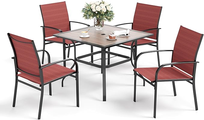 5 Piece Patio Dining Set for 4, 37'x37' Square Table with Umbrella Hole and 4 Metal Chairs, Outdoor Table and Chairs Set for Lawn, Backyard and Deck, Red SUNSHINEVALLEY