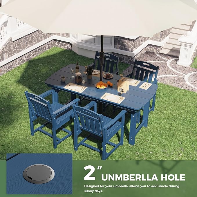 HDPE Outdoor Patio Dining Set with Table & 4 Chairs, All-Weather 5-Piece Outdoor Table and Chairs, 2" Umbrella Hole, Patio Furniture for Garden, Backyard, Deck | Navy Blue Suunyn