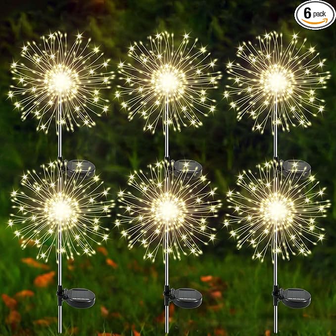 Solar Garden Lights Outdoor, 6 Pack 120 LED Twinkling Firework Lights Decorative with 2 Modes, Outdoor Waterproof Solar Starburst Light for Outside Yard Pathway Garden Decor, Warm White Yaafen
