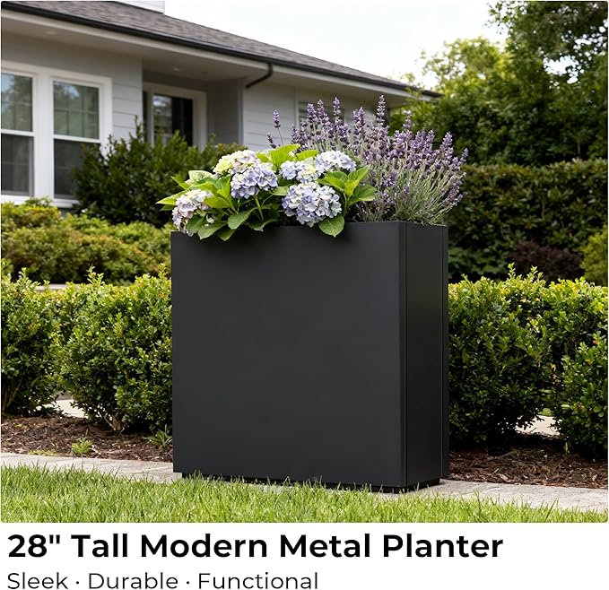 Worth 28" Galvanized Steel Planter Box, Outdoor Rectangular Tall Metal Planter with Insert Shelf & Drainage Holes, Matte Black Standing Plants Box for Patio, Garden, Balcony WORTH