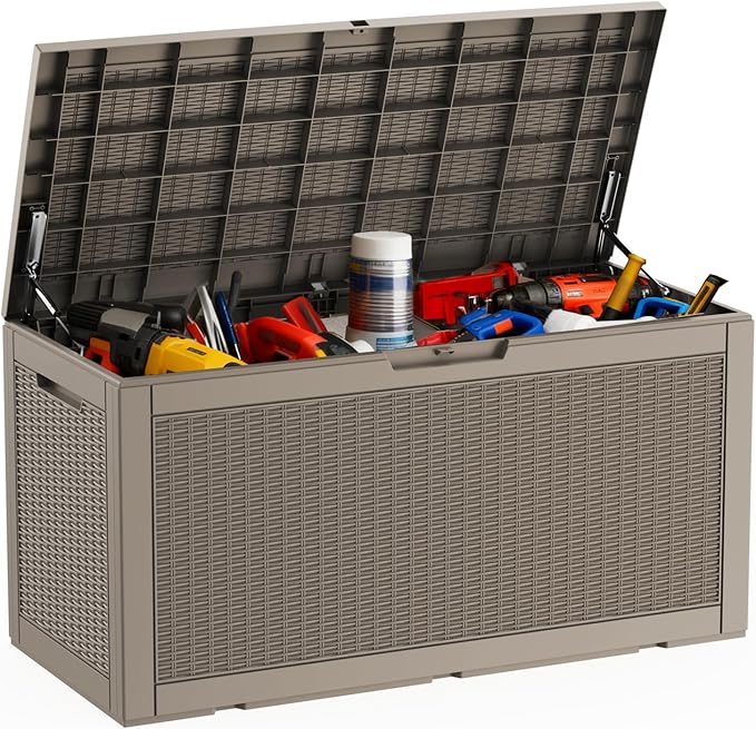 DRATO 100 Gallon Large Deck Box, Outdoor Storage Box for Patio Furniture, Patio Cushions, Gardening Tools, Pool Supplies,660lbs Weight Capacity,Waterproof Resin Storage Boxes（Gray，100 Gallon） DRATOprovidesawarmandcozy