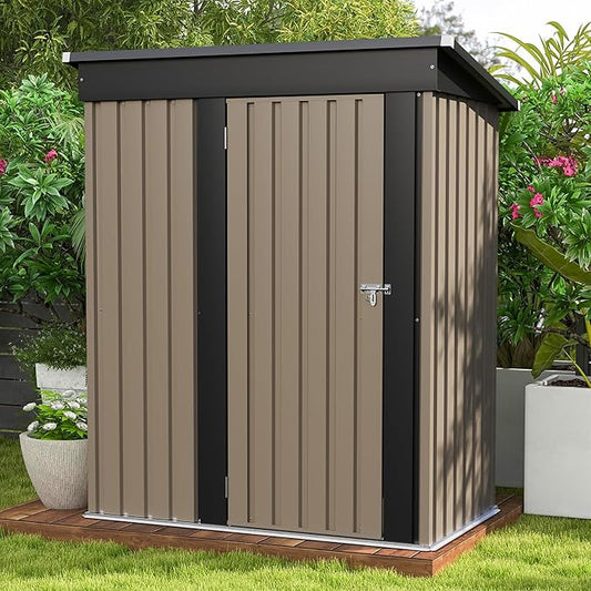 Patiowell 5x3 FT Outdoor Storage Shed, Tool Shed with Sloping Roof and Lockable Door, Metal Shed for Backyard Garden Patio Lawn, Brown Patiowell