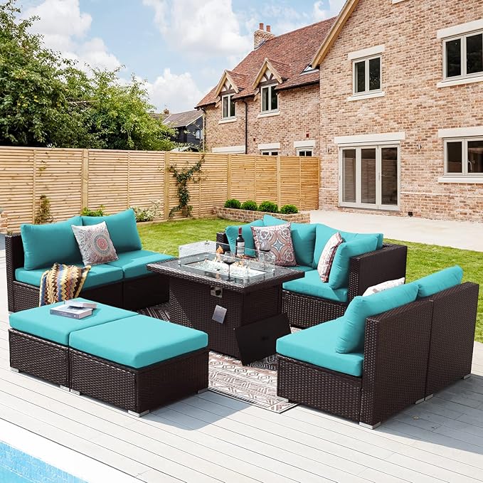 NICESOUL Large Outdoor Patio Furniture Set with Firepit Propane/Natural Gas, High-End Deep Seats Wicker Modular Sectional Sofas for 8, 29.3'' High Back Conversation Sets, Brown Rattan and Teal Cushion NICESOUL