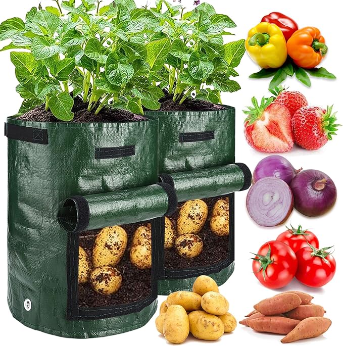 JJGoo 2 Pack 10 Gallon Garden Potato Grow Bags with Flap and Handles Aeration Fabric Planter Pots, Heavy Duty Potato Planters Garden Planting Bags for Onion, Fruits, Tomato, Carrot (Green) JJGoo