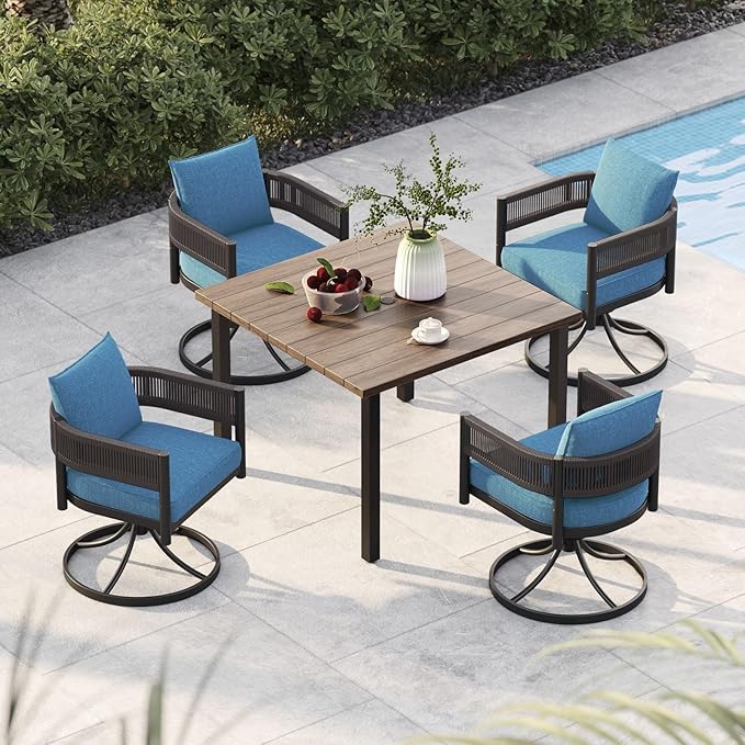 Grand patio 5-Piece Outdoor Dining Set for 4, Metal Woven Wicker Swivel Patio Chairs with Thickened Cushions & 1 Square Woodgrain Dining Table with Umbrella Hole for Backyard Deck (Brown) GrandPatio