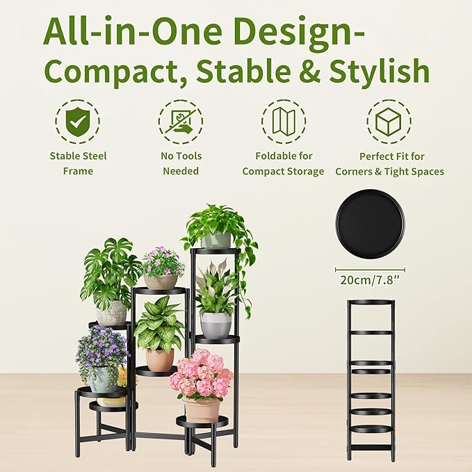 7 Tiered Metal Corner Plant Stand Indoor Outdoor, Tall Large Folding Rack with Rust Proof 7.9 Inch Wide Tray, Heavy Duty Flower Shelf for Multiple Plants for Patio - BlackDisk Rootora