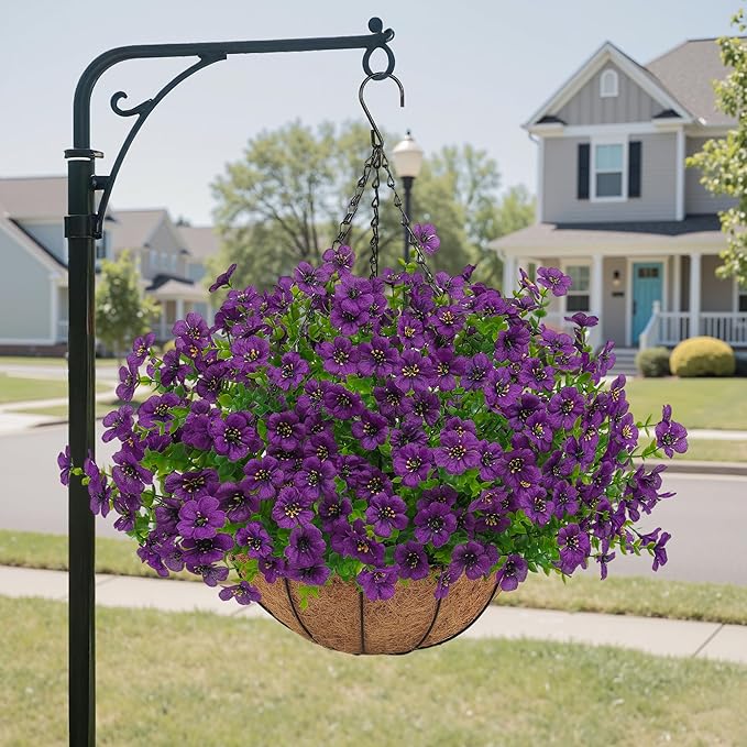 Artificial Faux Hanging Plants Flowers Basket for Outdoors Spring Summer Decoration, Hanging Planters with Fake Silk Flowers UV Resistant Realistic for Outside Porch Patio Balcony Garden Home （Purple） Tiabean