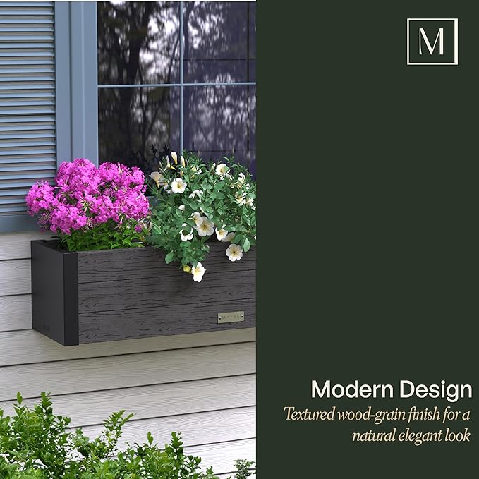 Mayne Horizon 4FT Window Box Planter – Modern Rectangular Faux Wood Grain Design for Windows, Durable All-Season Outdoor Flower Box with Drainage, Easy Installation Mayne