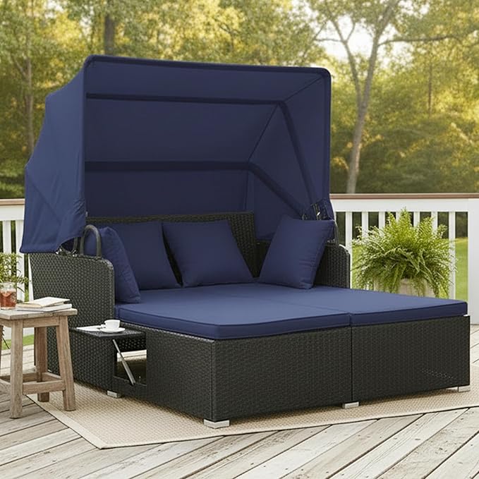 Tangkula Patio Rattan Daybed with Retractable Canopy, Outdoor Wicker Sunbed Lounger with 2 Foldable Side Tables, Thick Seat & Back Cushions, Outside Double Daybed for Garden, Backyard, Porch, Navy TANGKULA