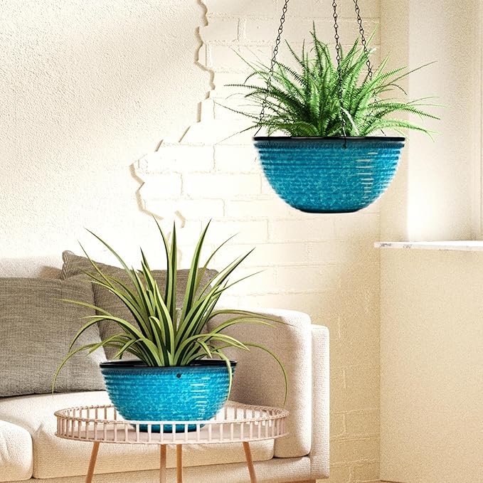 10 Inch Hanging Planter, 2 Pack Hanging Planters for Indoor Outdoor Plants Self Watering Hanging Pots with Drainage Holes for Garden Home (Snowflake Blue) Vanslogreen